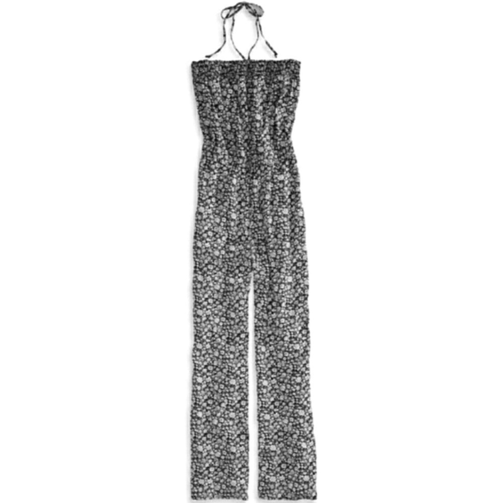 American Eagle Floral Halter Jumpsuit Ankle Crop XS Black White